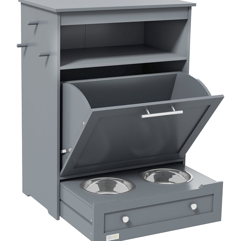 Grey Pet Feeder Cabinet - Organize Food & Supplies Supply Storage For Feeding Watering, Construction