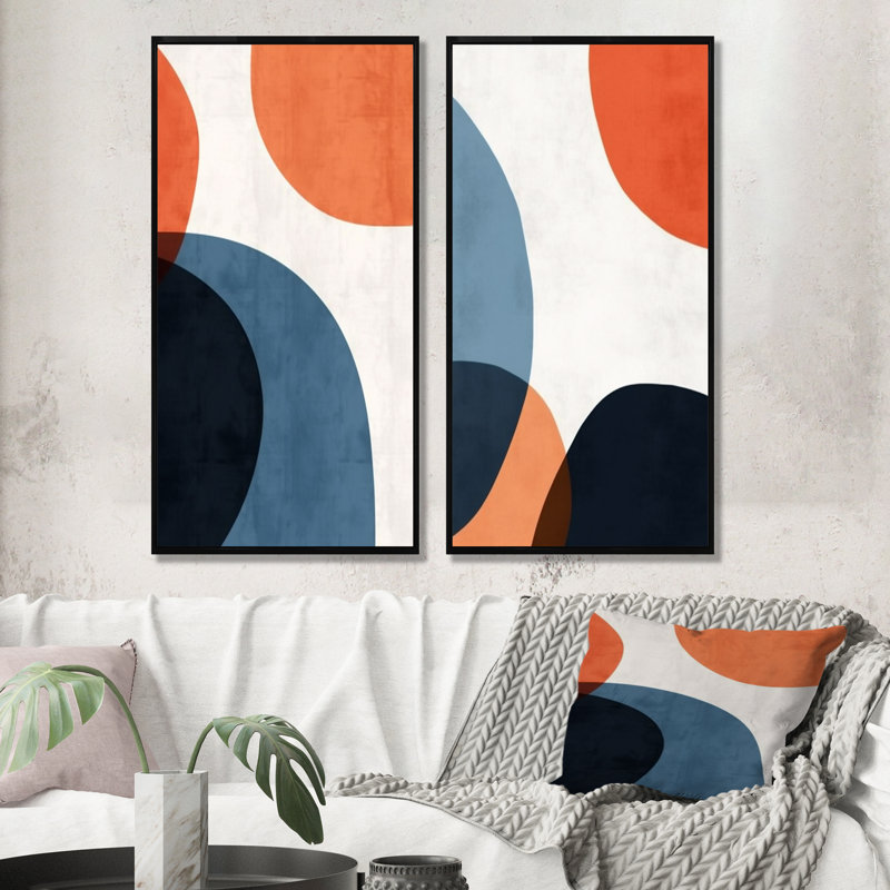Bleu et orange, motif boho minimaliste I - ensemble de salon mural abstrait minimalisme minimalisme, Cadre flottant noir
