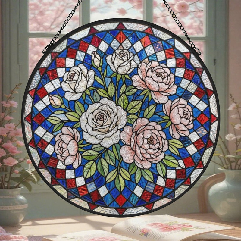 Vitrail floral (1) Vitrail pour fenêtre, 11,8 x 11,8 po (30 x 30 cm)