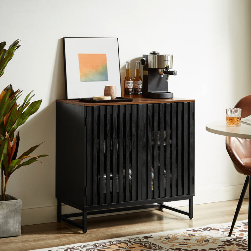 Black Storage Cabinet With Grille Striped Door, And Metal Leg, Modern Style For Home Organization, Spacious Structure, Design Home, Interior