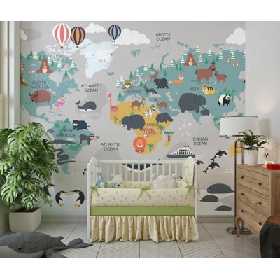 Kids Animal World Map Wallpaper  Educational Wall Mural