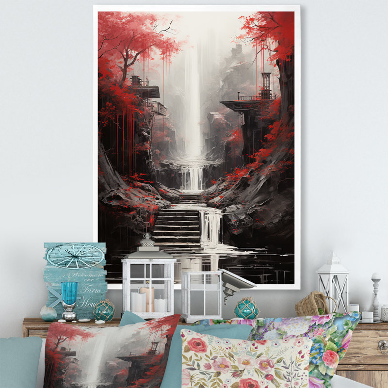 «Red Tree Endless Waterfall Journey», art sur toile, Cadre simple blanc, H 32 po x l 16 po x P 1 po