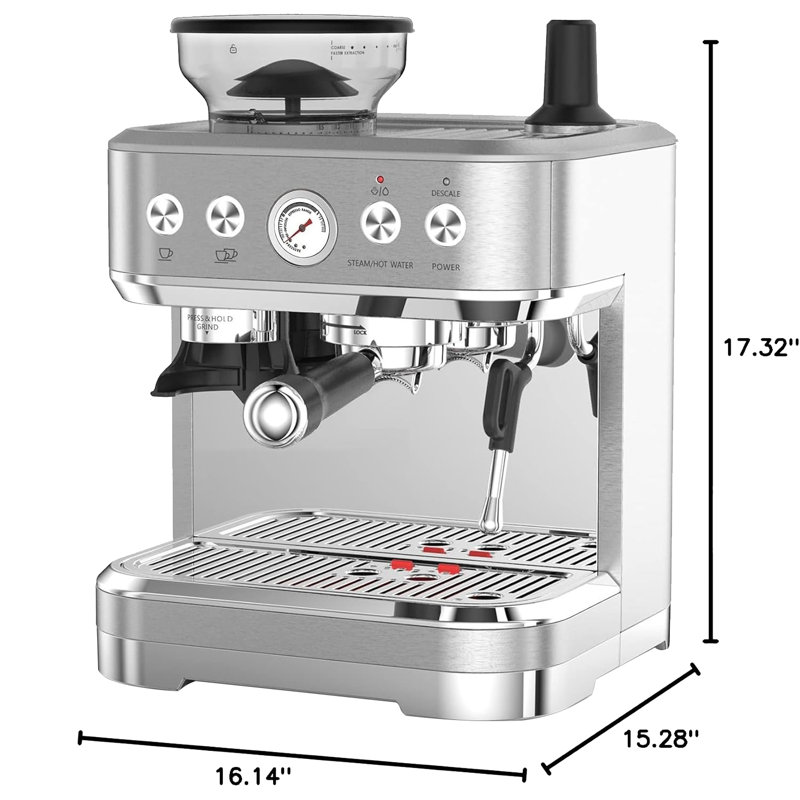 Stainless Steel Espresso Machine with Grinder & Milk Frother, 15 Bar Pump, 15 Grind Settings, 58mm Portafilter, 2.3L Removable Water Tank, Cappuccino & Latte Maker