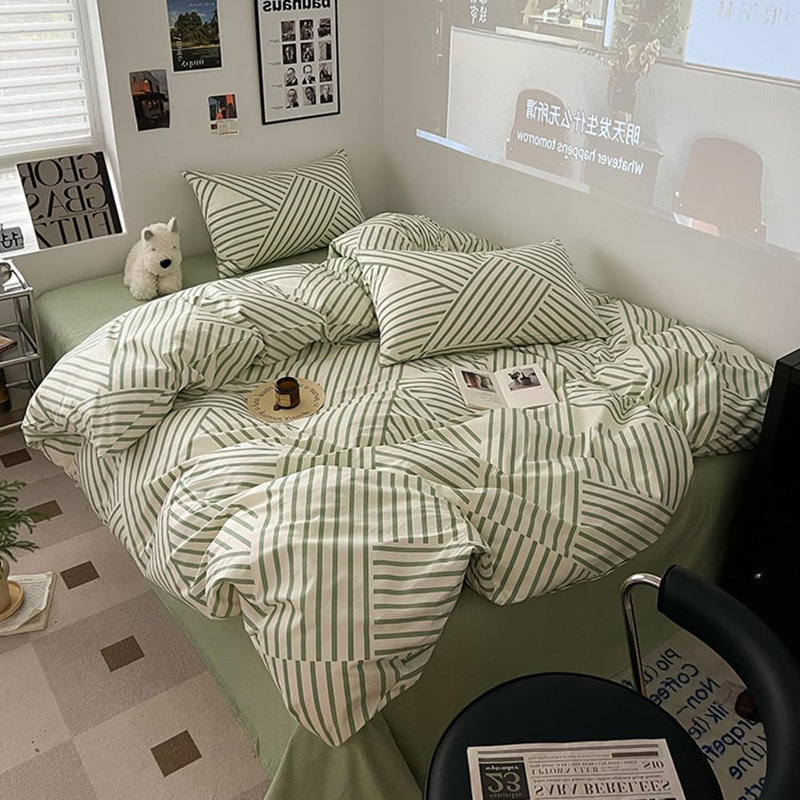 Modern Design 100% Cotton Duvet Cover Set, Queen Duvet Cover + 2 Standard Pillowcases, Green Striped