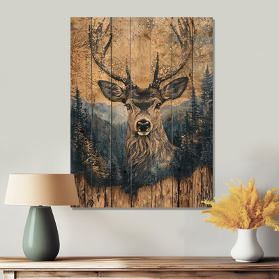 Portrait de cerf avec paysage à l'encre de chine - Décoration murale animal en bois de cerf - sur bois de pin naturel