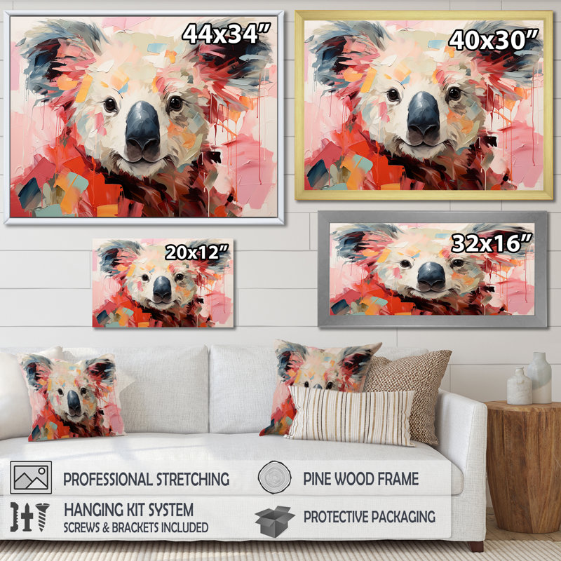 Floral, rose et vert Koala III - Koala, art mural animal, Toile tendue, H 34 po x l 44 po x P 1,5 po