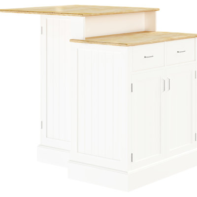 Îlot de cuisine à 2 niveaux en bois d'hévéa blanc avec tiroirs et tablettes réglables - Armoire de rangement pour table, plateau