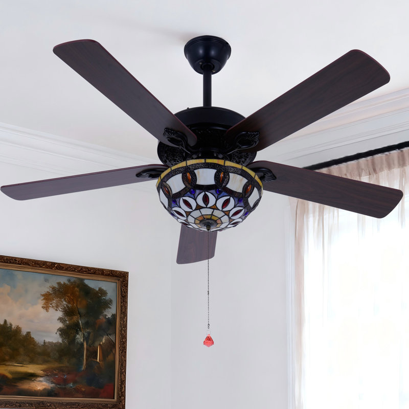 52" Vintage Tiffany-Style Stained Glass Ceiling Fan With Remote Control, 6 Speeds, Reversible