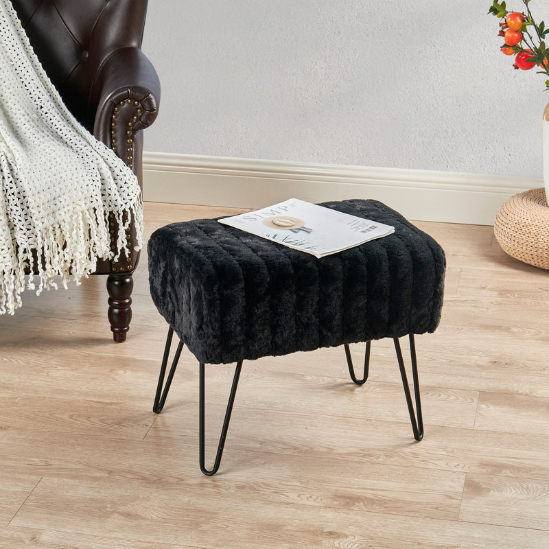 Defranco Upholstered Ottoman, Jet Black Faux Fur