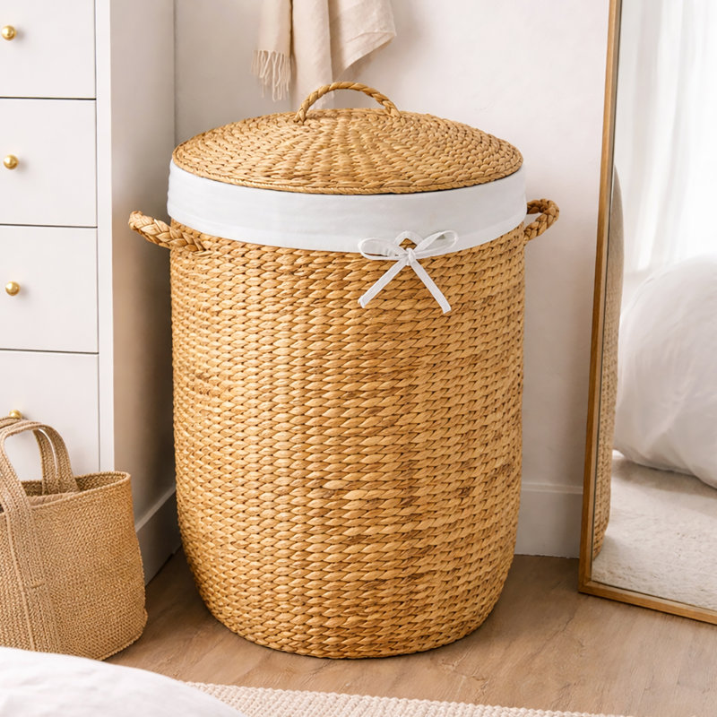  Round Laundry Hamper W/ Lid, Handwoven Laundry Basket W/ Handles & Removable Liner - Chestnut, Chestnut