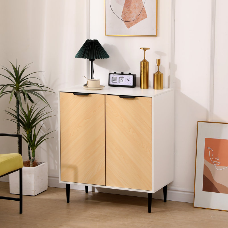 Armoire décorative Mid-Century avec portes à panneaux, avec tablette, Blanc / Chêne