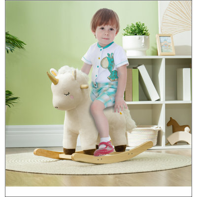 Qaba Rocking Horse, Plush Ride on Unicorn with Realistic Sound, Wooden Base, Toddler Rocking Horse for 2-4 Years
