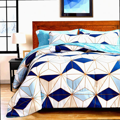 Blue GeoComfort 7-Piece Bedding Set - Soft Microfiber Comforter Sheet Set with Modern Triangles Design - Includes Comforter, Sheets, Shams, Pillowcases