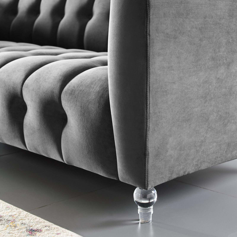 Mesmer Channel Tufted Button Performance Velvet Sofa In Charcoal, Charcoal