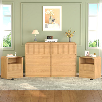 6 Drawer Dresser And Nightstand Sets 3-Piece, 48" Wide Mid Century Modern Dressers & Nightstand Set Of 2 With Curved Profile Design, Wooden Chest Of Drawers Cabinet Set For Living Room, Hallway