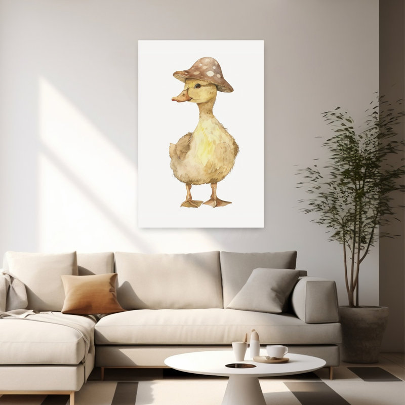 Cute Duck Mushroom Hat Whimsical Abstract Contemporary Bird Duck Forest Nature Wall Art Print 1 Piece Wrapped Canvas Wall Art