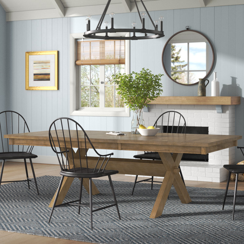 Veliz Wood Trestle Extendable Dining Table With Leaf, Glazed Pine Brown