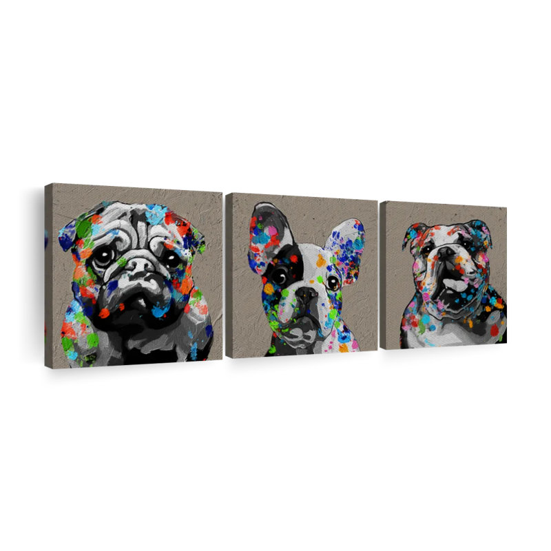 Bulldogs on Canvas, reproduction de 3 pièces, H 26 po x l 8 po x P 1 po