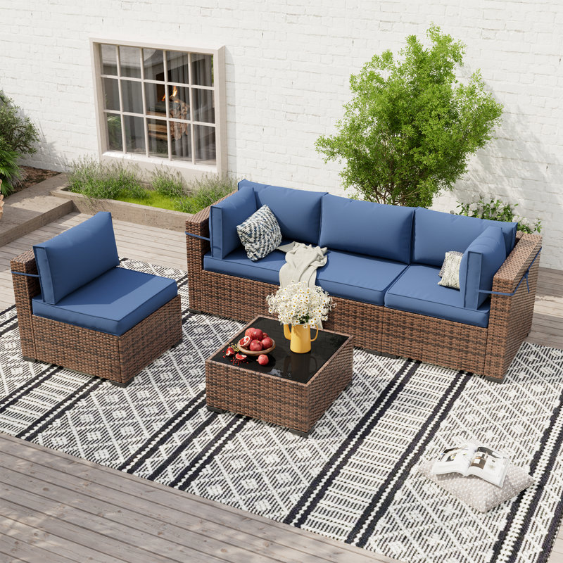 Dinyu Wicker 4 - Person Modular Patio Conversation Set with Cushions, Blue