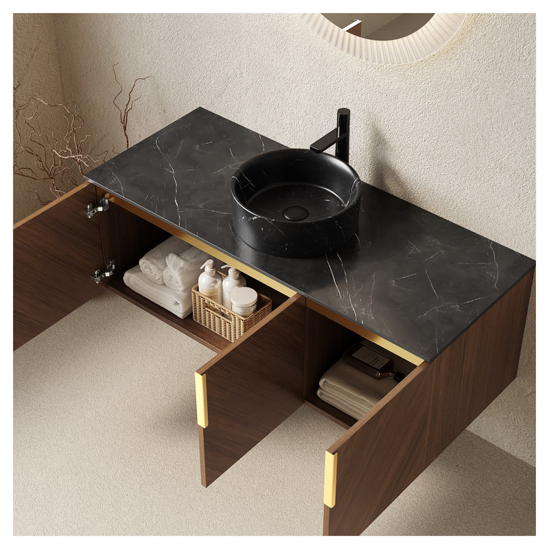 Meuble-lavabo mural de 122 cm avec lavabo, armoire en contreplaqué de chêne brun, comptoir en pierre frittée noire et lavabo rond en céramique.