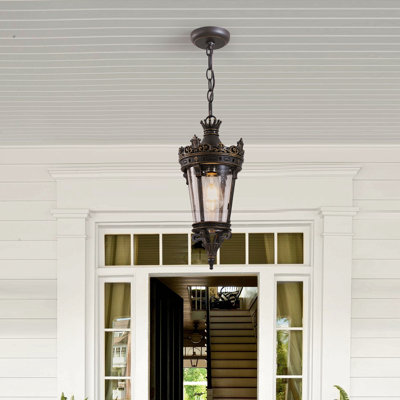 Lanterne suspendue d'extérieur à couronne antique de 18 po (H), luminaire suspendu rétro imperméable avec design en métal orné et verre transparent pour patio, jardin, porche, éclairage d'entrée (une pièce et sans ampoule)