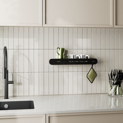 Wall-Mounted Kitchen Shelves 20" Black Floating Shelf – Bathroom Wall Storage Display Shelves, Modern Heavy Duty Wall Organizer for Kitchen, Bathroom, Living Room Decor, no drill floating shelves adhesive