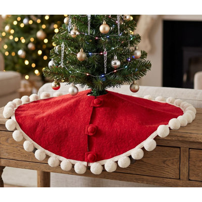 Labs Mini Christmas Tree Skirt - Pom Poms on Red - in Hand Felted Wool - 26"