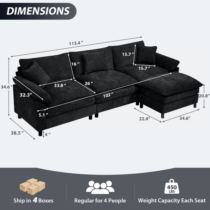 Canapé modulaire rembourré en L avec repose-pieds, Chenille noir, H 34,6 po x l 111,8 po x P 57,8 po