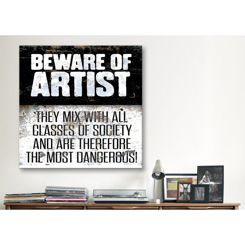 Albree Modern Beware, art textuel sur toile, H 18 po x l 18 po x P 1,5 po, Pas de tapis, Toile avec cadre noir
