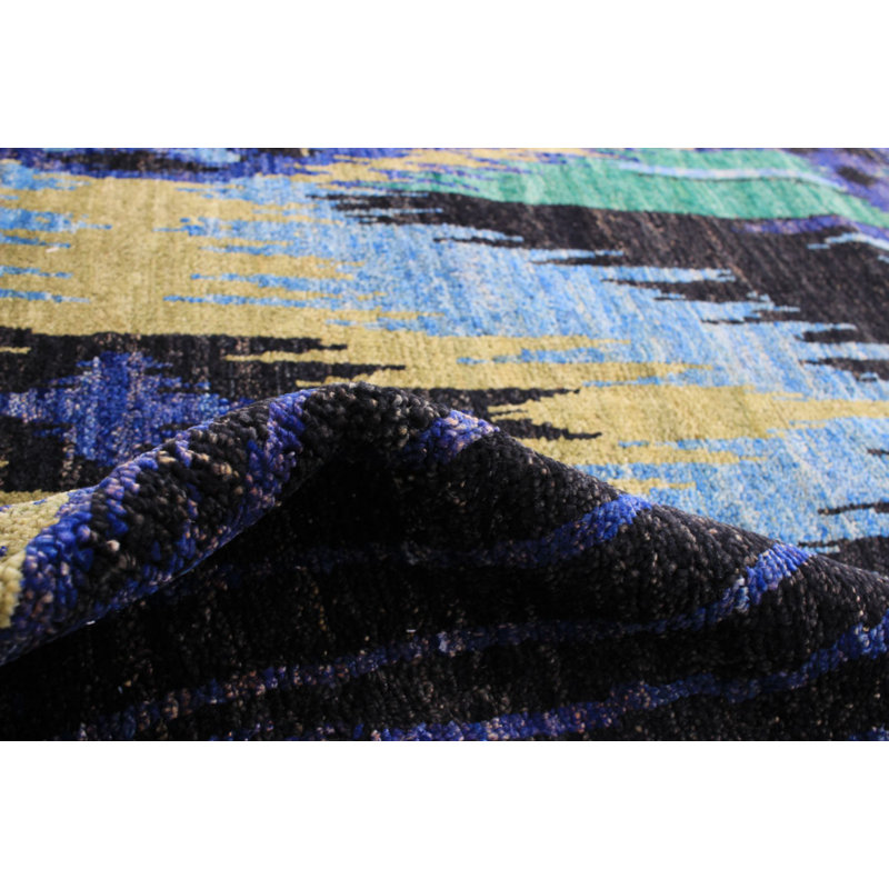 Tapis unique en laine noué à la main vert / noir années 2010 5 pi 11 po x 8 pi 11 po Quiller