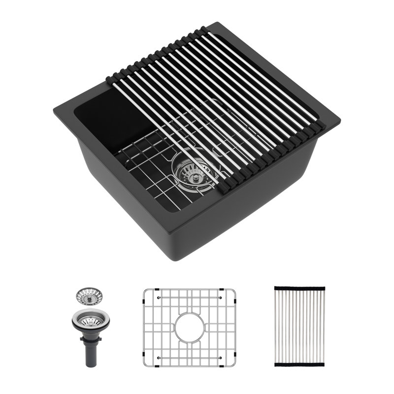 Évier de cuisine encastré noir à quartz 17,58 po x 15,72 po - Composite avancé pour un évier stable, élimine le bruit et la saleté, surfaces de nettoyage non poreuses, conception arrondie, livré avec une grille de fond en granit