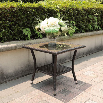 Table d'appoint d'extérieur, table de bout carrée 20 po, table basse avec plateau en verre trempé et rangement, structure en aluminium