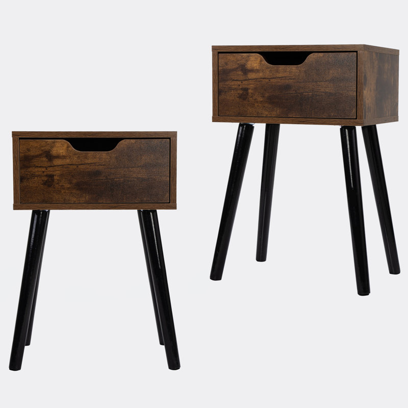 Ensemble de 2 tables d'appoint en bois de style Mid-Century, table de bout avec 1 tiroir de rangement, table de chevet pour le salon de la chambre à coucher, brun rustique et noir
