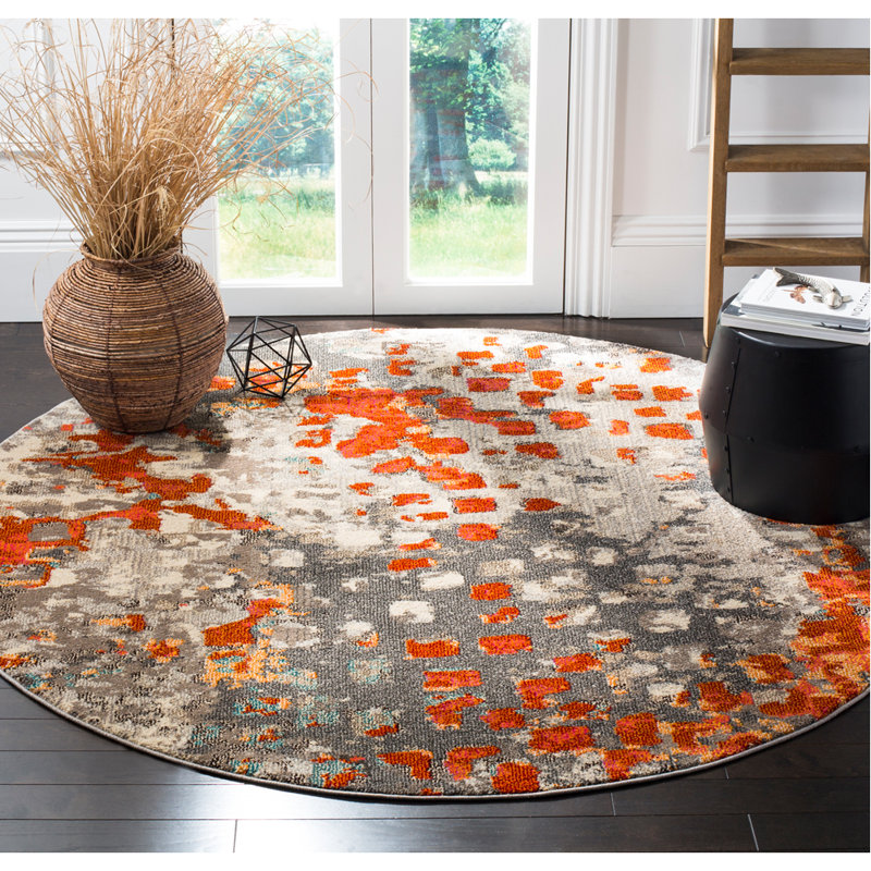 Hertzler Abstract Area Rug, Round 5', Gray/Orange