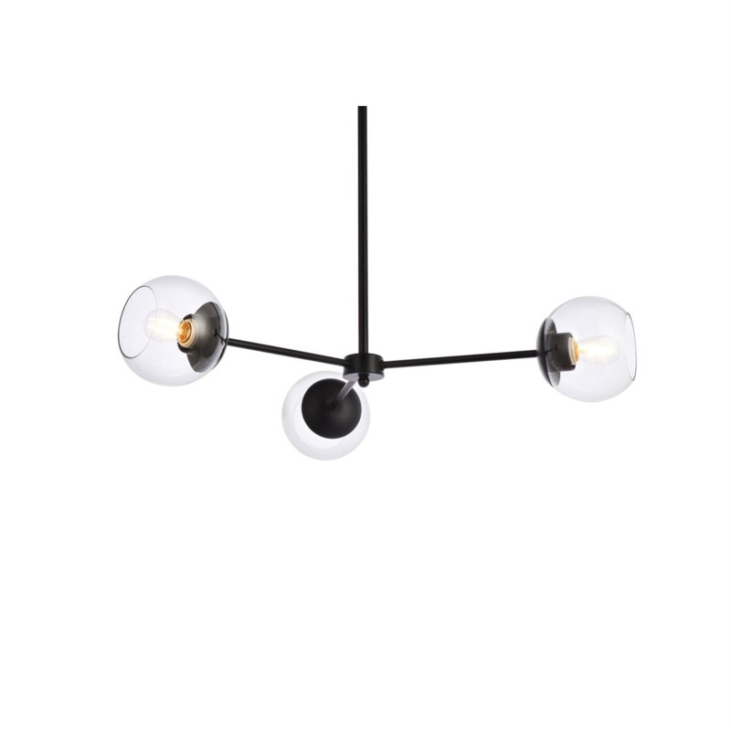 Lustre linéaire moderne Spoutnik à 3 lumières Caisha, Noir/transparent