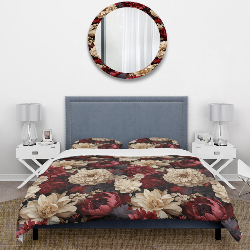 Ensemble de housse de couette à motif de pivoines rouges Renaissance II, Housse de couette pour très grand lit et 2 très
