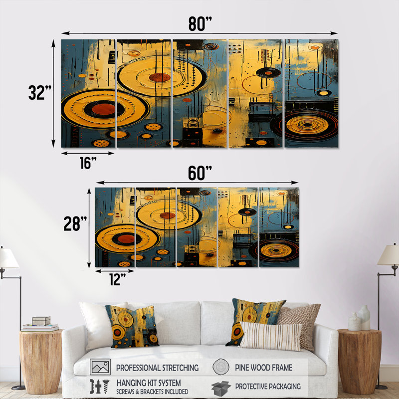 Cercle contemporain contemporain, collage, art africain, art mural pour le salon, 5 pièces, H 28 po x l 60 po