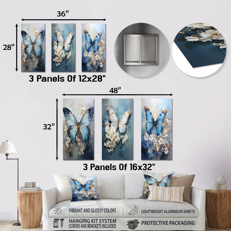 Butterfly Ethereal Blues Form Abstract Elegance - Ensemble de 3 décorations murales papillon en métal, H 28 po x l 36 po