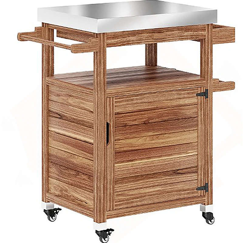 Îlot de cuisine en bois massif, chariot de barbecue avec plateau en acier inoxydable, roues, tiroir, poignée latérale