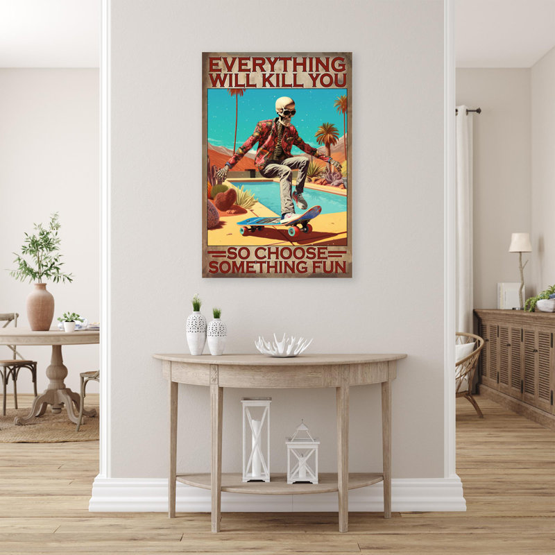 Skeleton Skateboarding Quelque chose d'amusant - 1 pièce, reproduction d'art graphique sur toile tendue