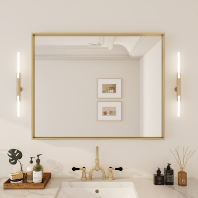 Rectangular Straight-Angled Aluminum Framed Wall-Mounted Bathroom Mirror In Gold