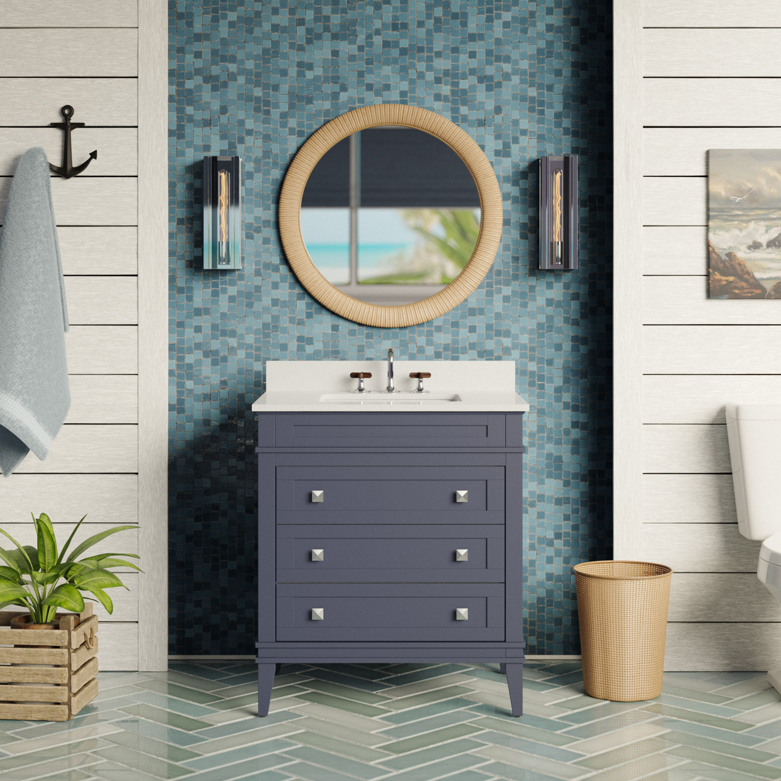 30'' Single Bathroom Vanity, Marine Gray, Quartz