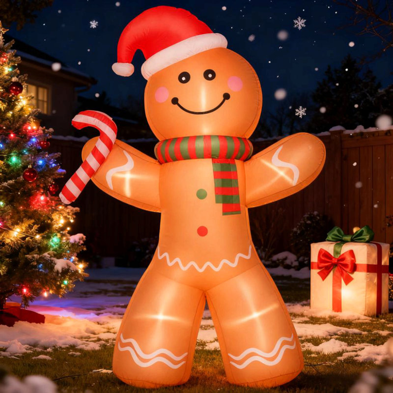 Décoration de jardin extérieure gonflable, bonhomme de pain d'épice gonflable de Noël avec une canne de bonbon avec affichage à DEL