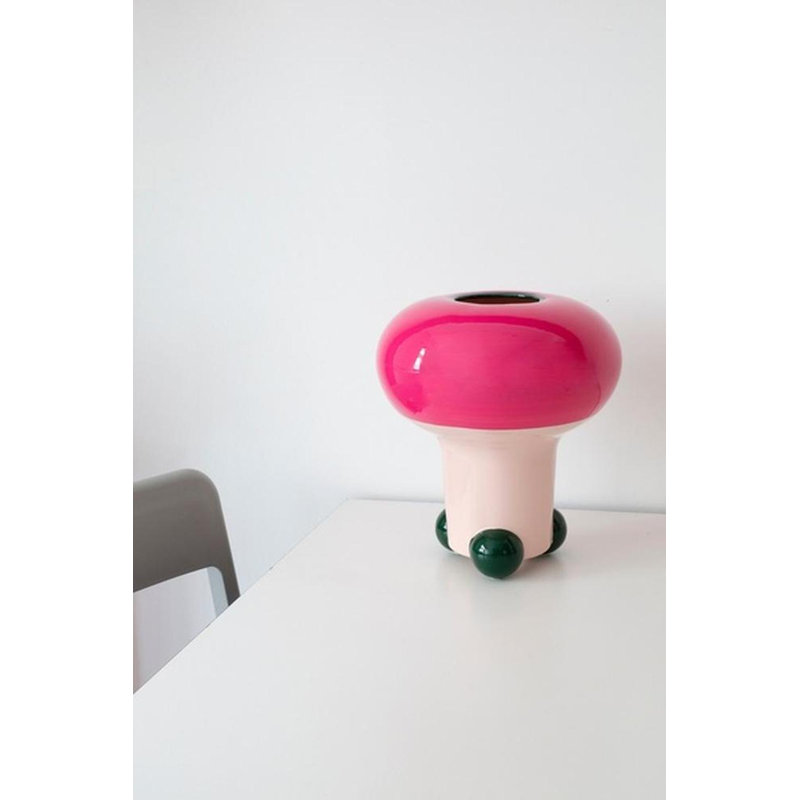 Mushroom Handmade Eartenware Table Vase, Green/Fancy Pink, Solid