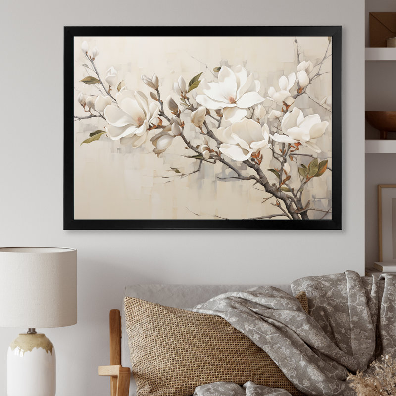 Beige de Magnolias «Dreamy» - art mural encadré Magnolias, H 24 po x l 32 po x P 1 po, Cadre simple noir