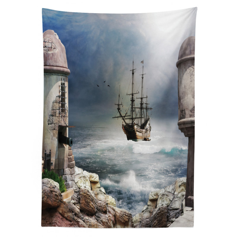 Ambesonne Sailboat Tablecloth, Pirate Merchant Shipnchored In The Bay Of Fortbandoned Rockst Shore, Rectangular Table Cover For Dining Room Kitchen Decor, 52" X 70", Pale Muave Beige