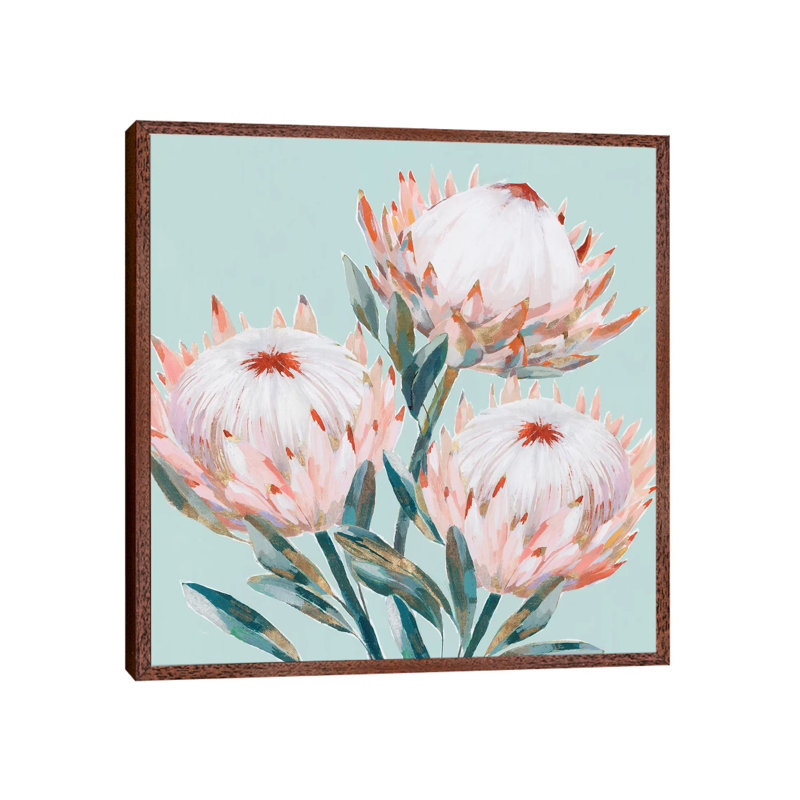 King Protea II Mint Version by Isabelle Z - Painting on Canvas, 45.72 cm H x 45.72 cm W, Classic Brown Wood Framed