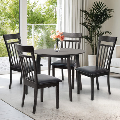 5 Piece Dining Table Set, 4 Classic Style Solid Wood Side Chairs with Round Dining Table, Kitchen Room Set, w PU Leather Cushions