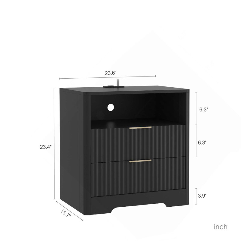 Smart Nightstand With Charging Station, Night Light, LED Lights & Drawers, Black