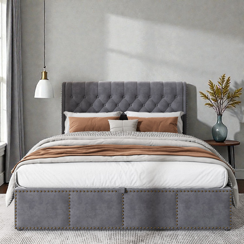 Caddo Velvet Upholstered Bed With Hydraulic Lever, Functional Storage Bed, Rivet Decoration, Super King (6'), Grey